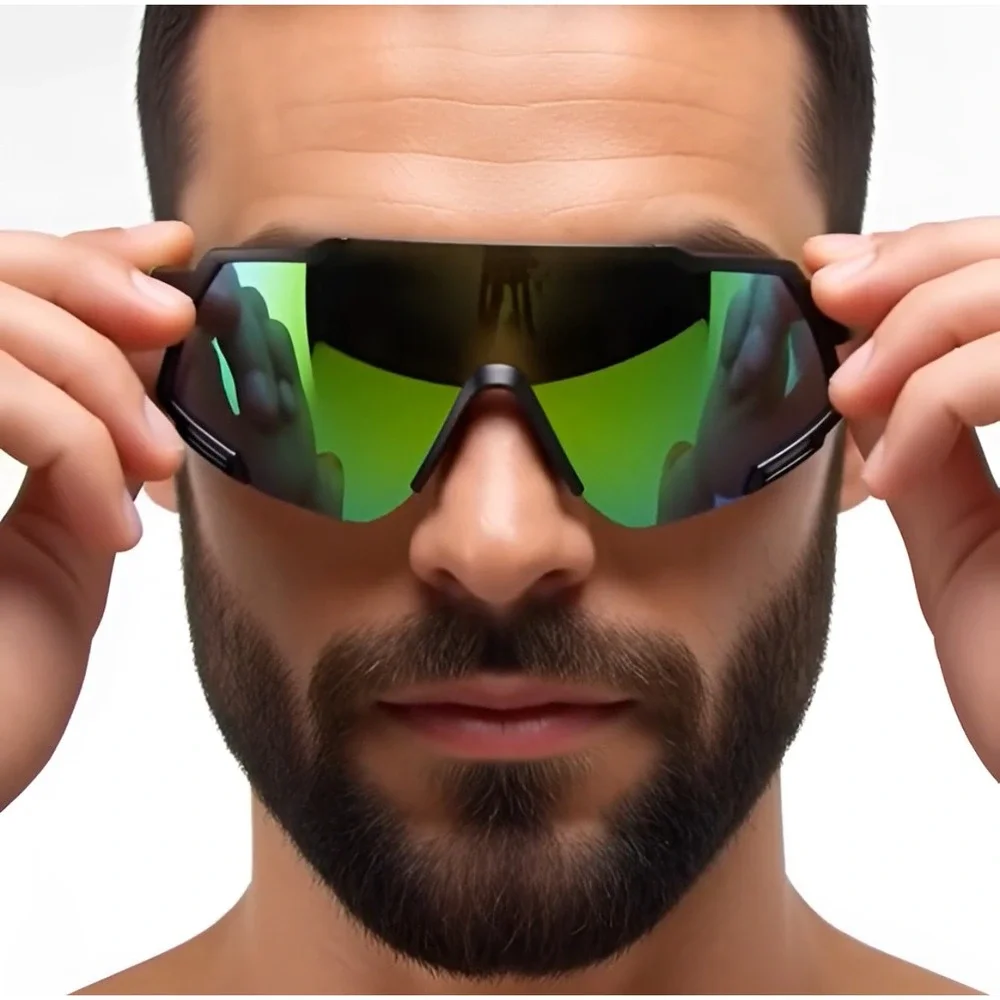 Men Sports Sunglasses‎ Green Mirror Lens Outdoor Driving Golfing One Piece Lens